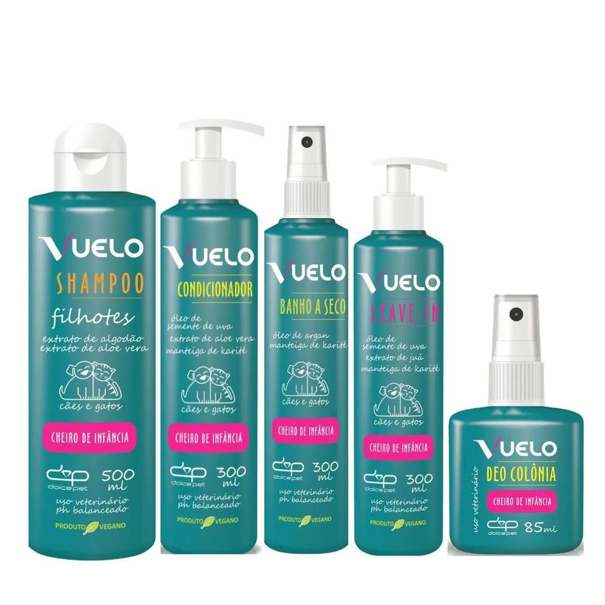 Kit Dolce Pet Shampoo Filhotes + Condicionador + Banho Á Seco + Leave-In + Deo Colônia Cheiro de Infância P/Cães e Gatos