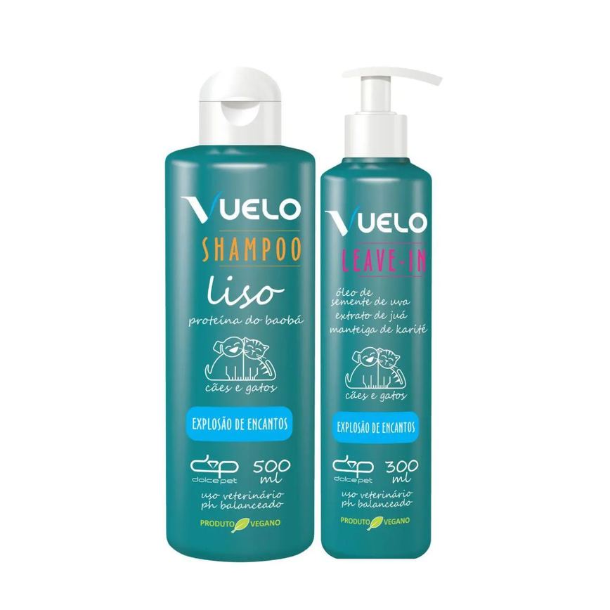 Kit Vuelo Shampoo Liso + Fluido Desembaraçador Explosão de Encantos Cães e Gatos