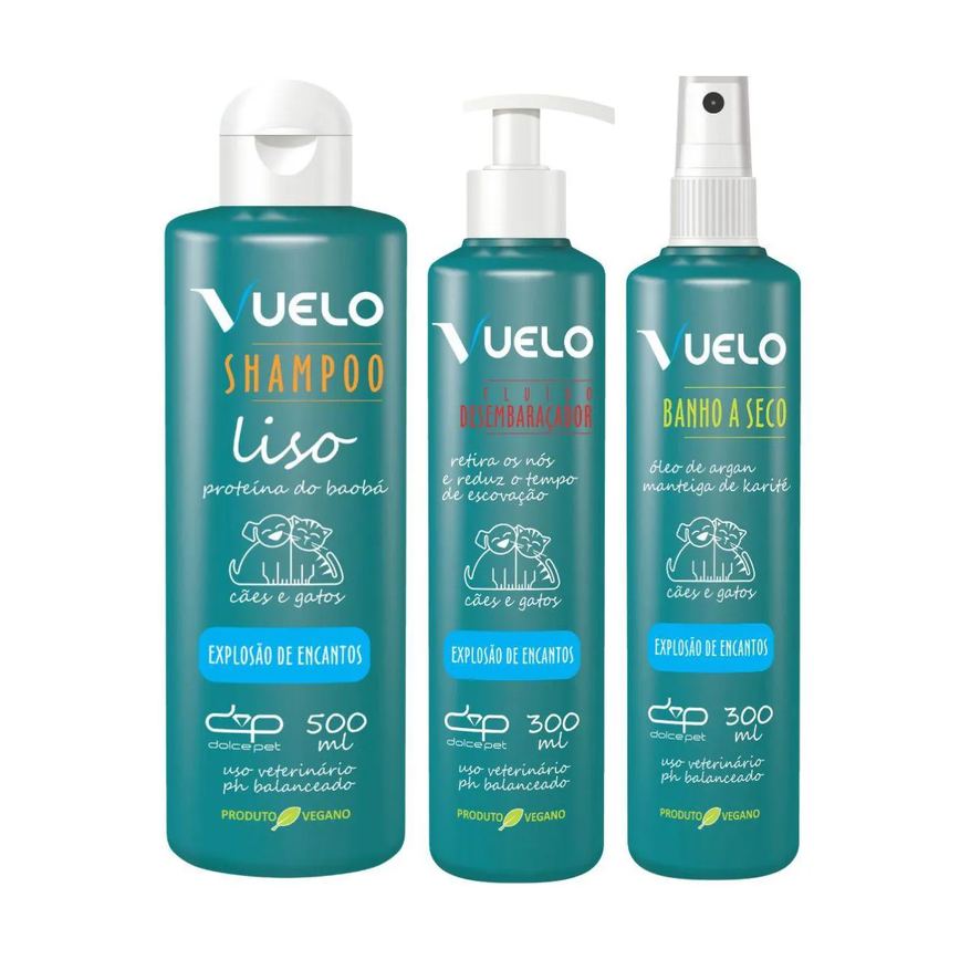 Kit Vuelo Shampoo Liso + Fluido Desembaraçador + Banho a Seco Explosão de Encantos para Cães e Gatos