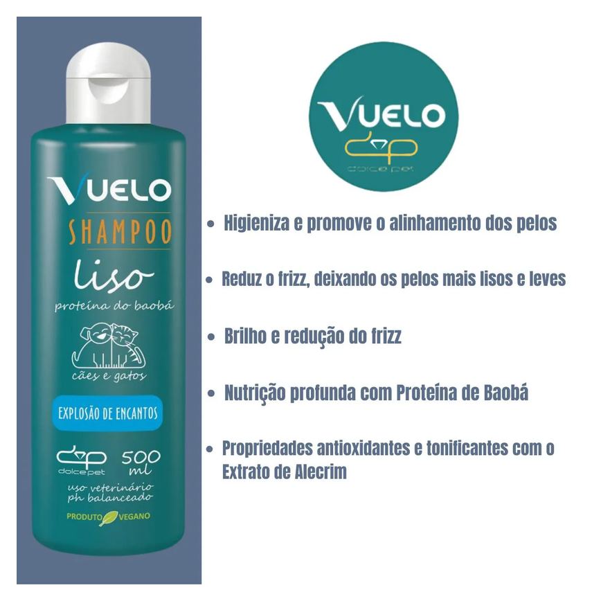 Kit Vuelo Shampoo Liso + Fluido Desembaraçador + Banho a Seco Explosão de Encantos para Cães e Gatos