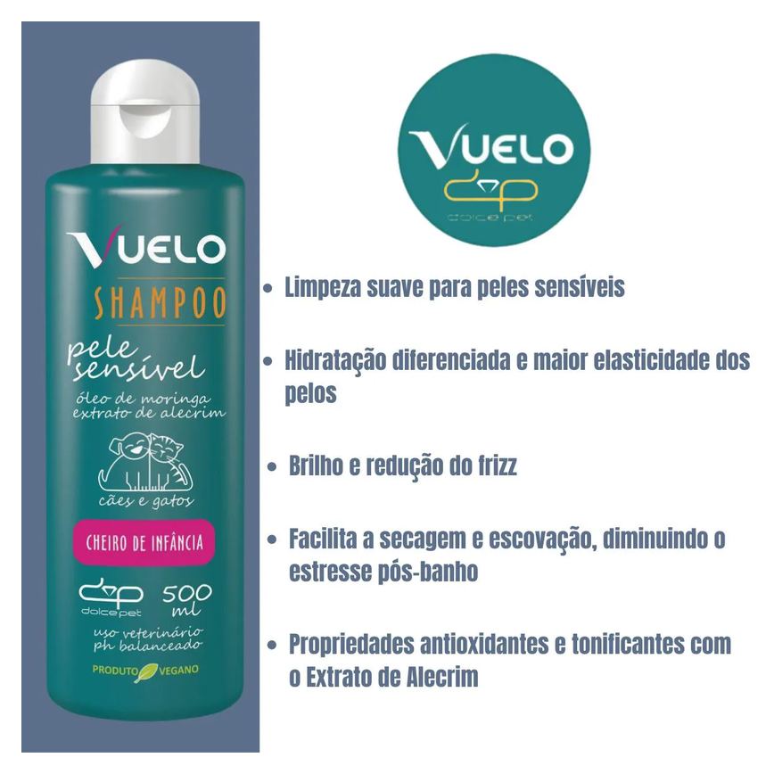 Shampoo Vuelo Pele Sensível Cheiro de Infância para Cães e Gatos 500Ml