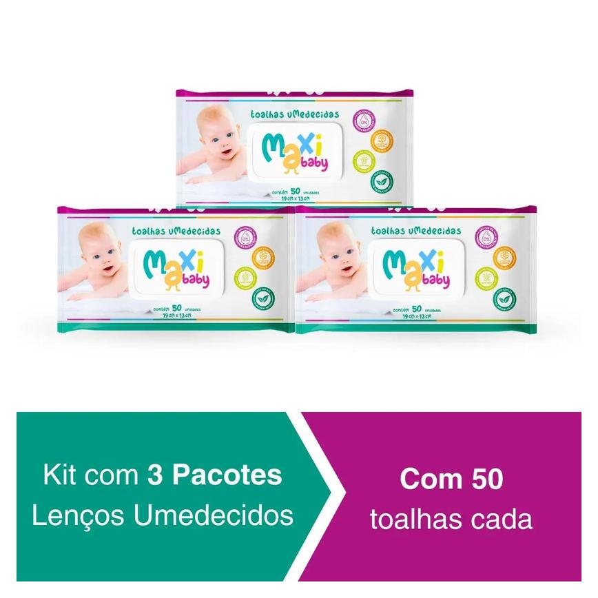 Kit 3 Toalhas Umedecidas Hipoalergênico 50Un Cada Maxi Baby