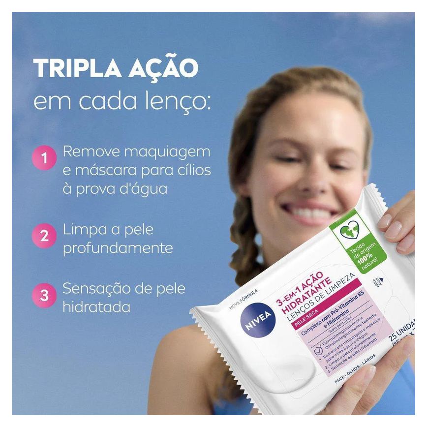 Lenços de Limpeza Facial Nivea Ação Hidratante 3 em 1 25Un