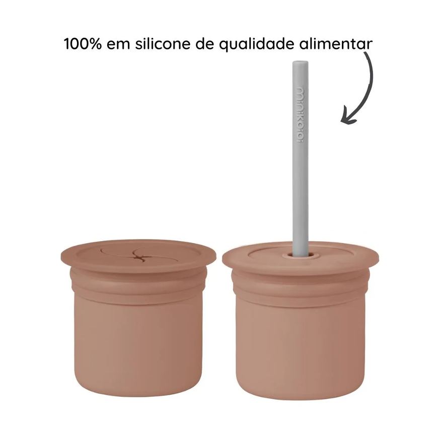 Conjunto Copo com Canudo + Tampa Snack Brown e Grey - Minikoioi