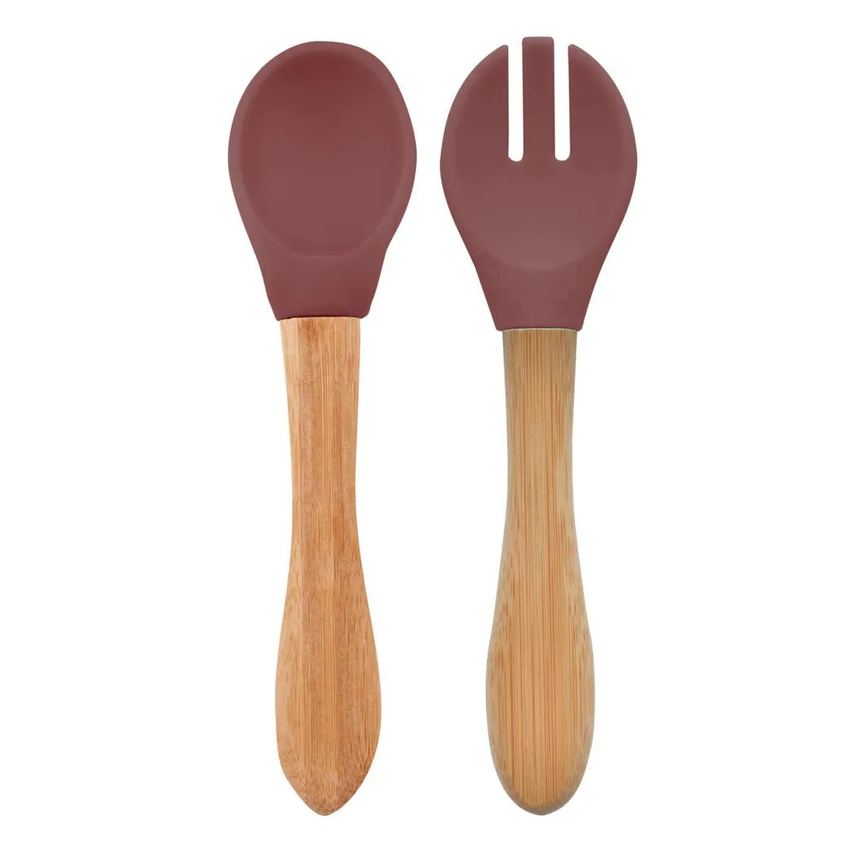 Colher e Garfo Silicone e Bambu Dig In Velvet Rose - Minikoioi