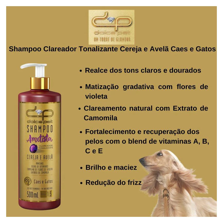 Kit 2 Shampoo Clareador Tonalizante Cereja e Avelã Dolce Pet Cães e Gatos - 500Ml