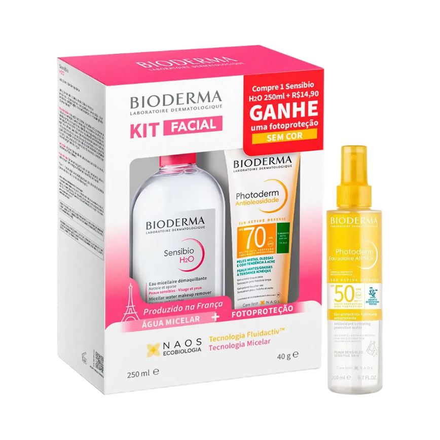Kit Bioderma Água Micelar Sensibio H2O 250ml + Photoderm Antioleosidade FPS70 40ml + Eau Solaire Anti-OX FPS 50 200ml