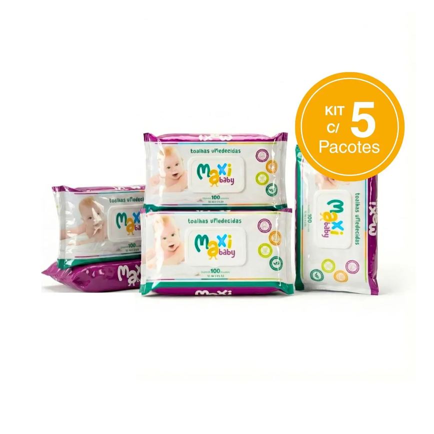 Kit 5 Toalhas Umedecidas Hipoalergênico 100Un Cada Maxi Baby