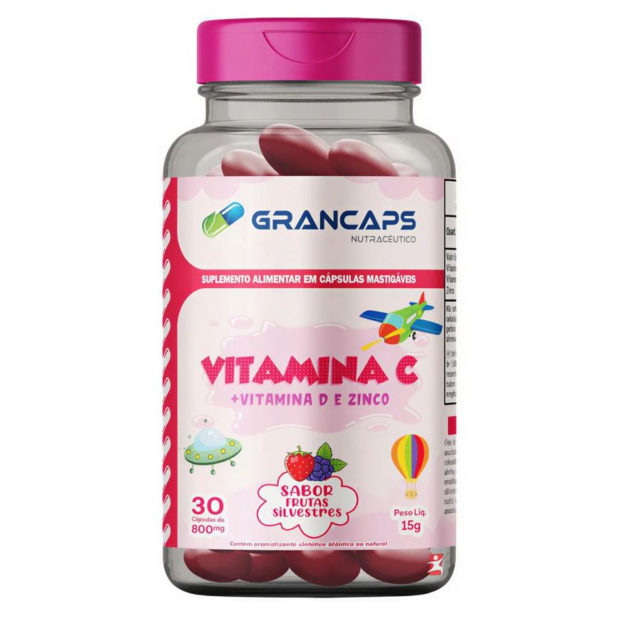Vitamina C + D3 + Zinco Kids - Tripla Proteção 30 Cápsulas Mastigáveis Frutas Silvestres - Grancaps