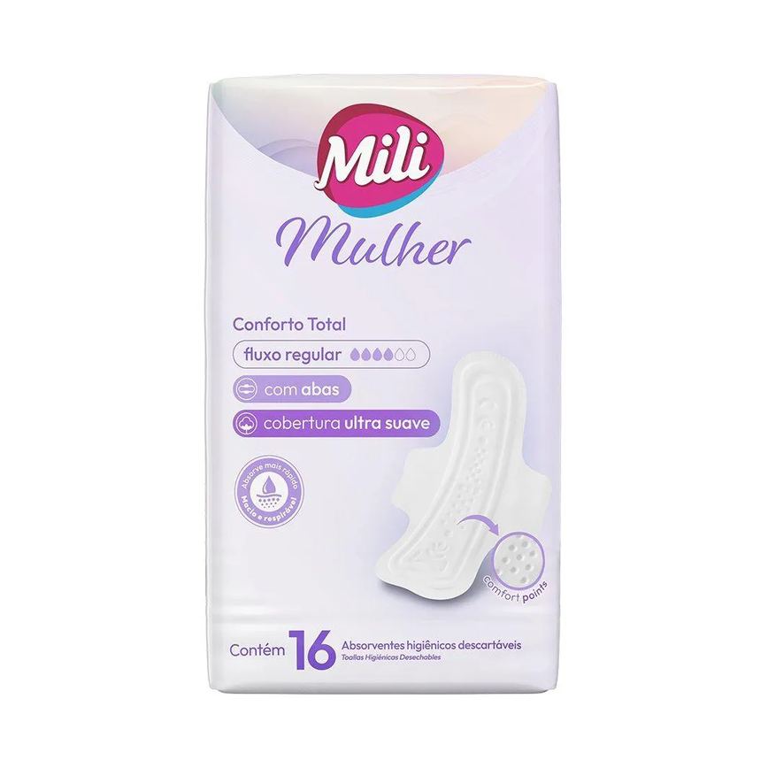 Absorvente Mili Mulher Conforto Total com Abas - Embalagem com 16 Unidades