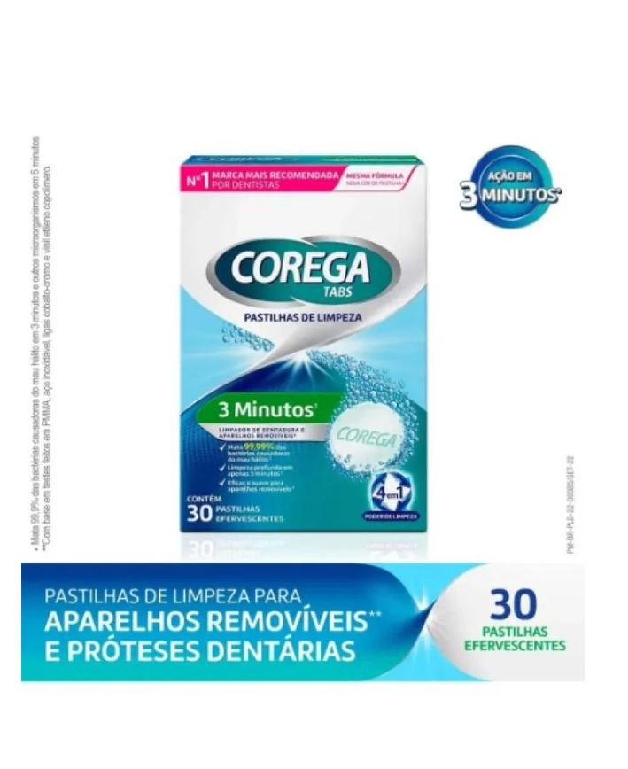 Corega Tabs Limpador de Próteses Dentárias Sabor Menta 30 Pastilhas