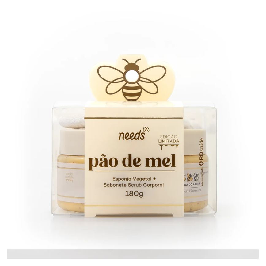Kit Sabonete Esfoliante Scrub Corporal Needs Pão de Mel 180g + Esponja Vegetal