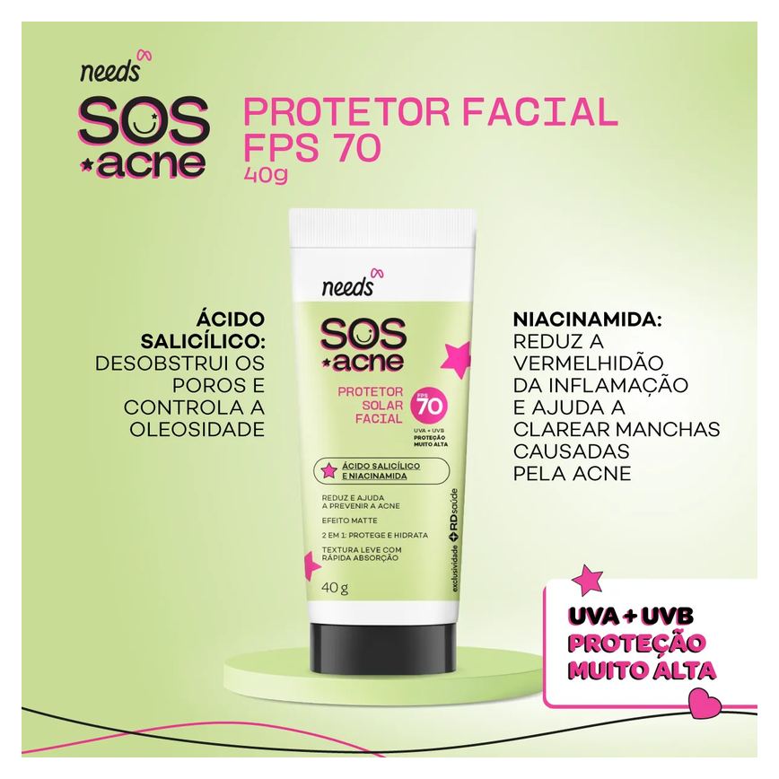 Protetor Solar Facial Needs SOS Acne FPS 70 40g