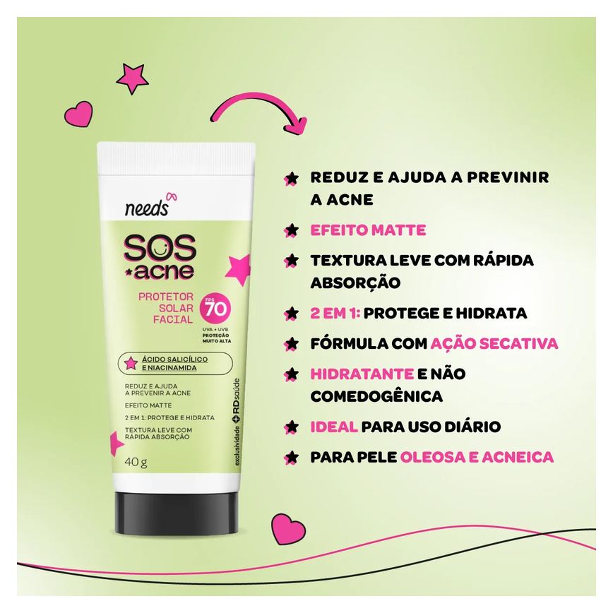 Protetor Solar Facial Needs SOS Acne FPS 70 40g