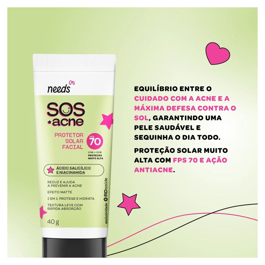 Protetor Solar Facial Needs SOS Acne FPS 70 40g