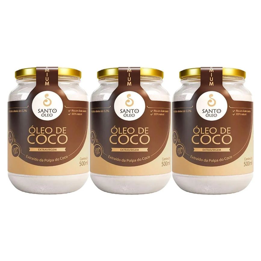 Kit 3X Óleo de Coco Extra Virgem de Polpa - 500Ml - Santo Óleo