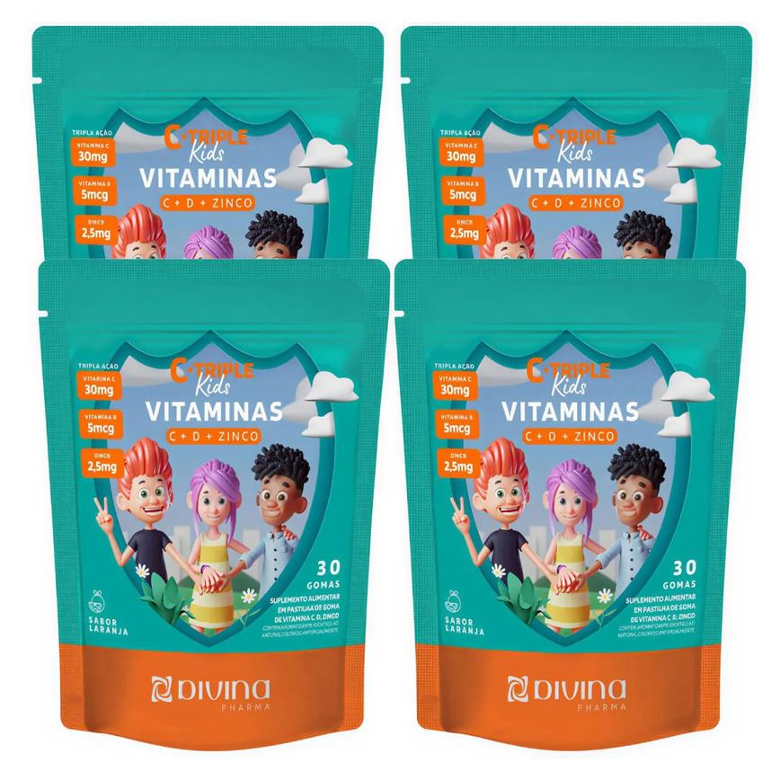 Kit 4 C-Triple Kids Vitaminas C + D + Zinco Imunidade Total 120 Gomas Sabor Laranja – Divina Pharma