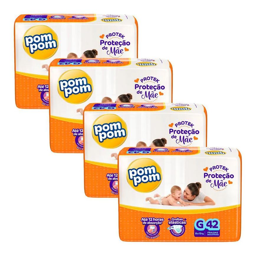 Kit 4 Fraldas Pom Pom Derma Protek Mega G com 42Un Cada