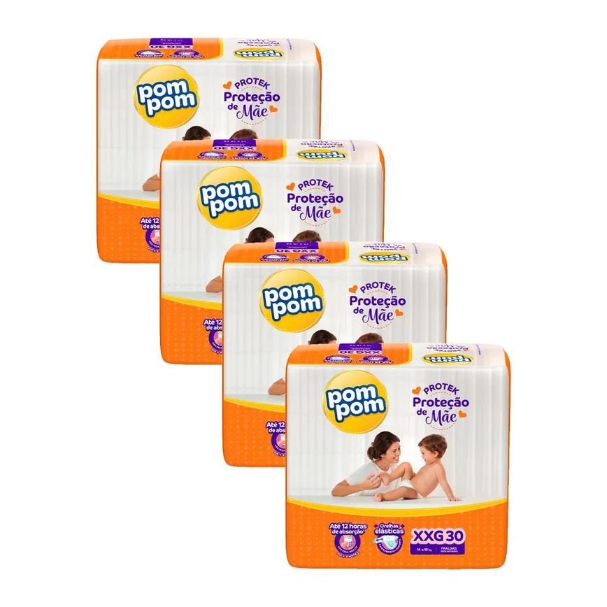 Kit 4 Fraldas Pom Pom Derma Protek Mega Xxg com 30Un Cada