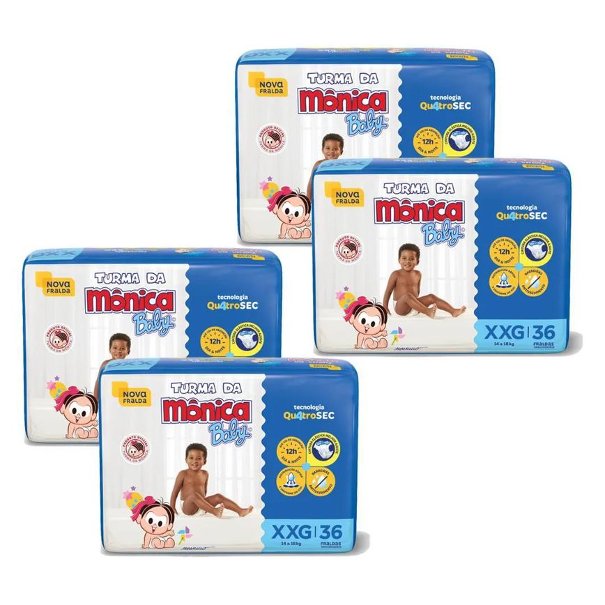 Kit 4 Fraldas Turma da Mônica Baby Mega Xxg com 36Un Cada