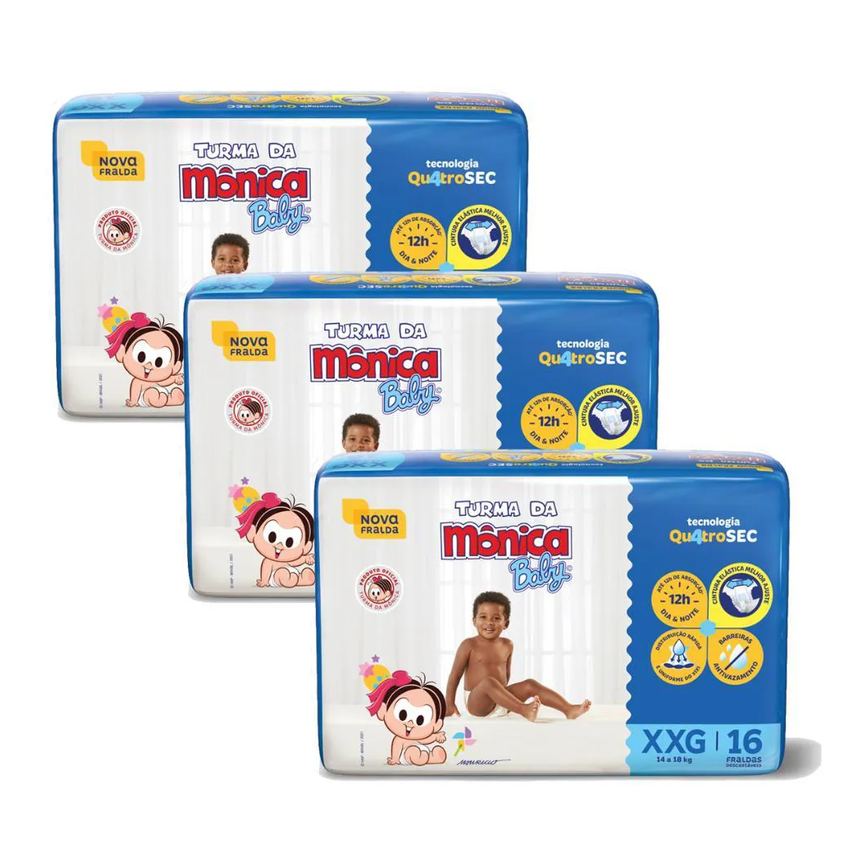 Kit 3 Fraldas Turma da Mônica Baby Jumbo Xxg com 16Un Cada