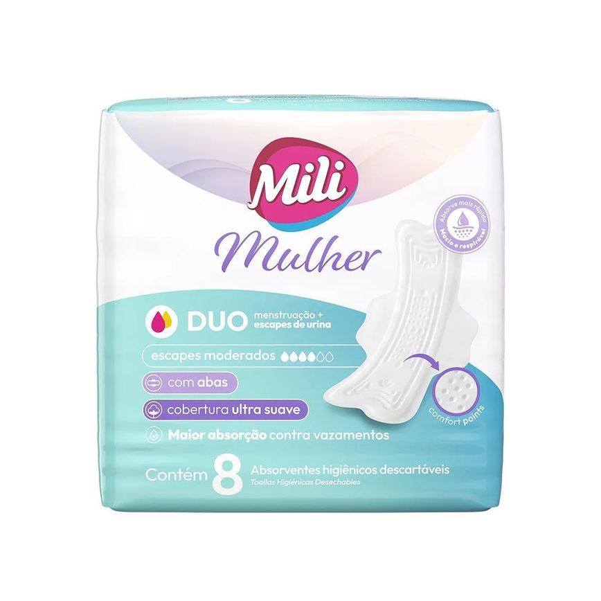 Absorvente Mili Mulher Duo com Abas - Embalagem com 8 Unidades