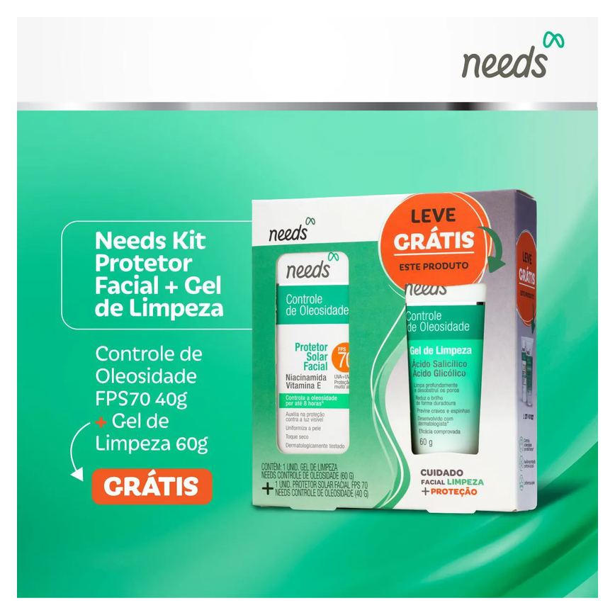 Kit Facial Needs Protetor Solar FPS 70 40g + Gel de Limpeza 60g
