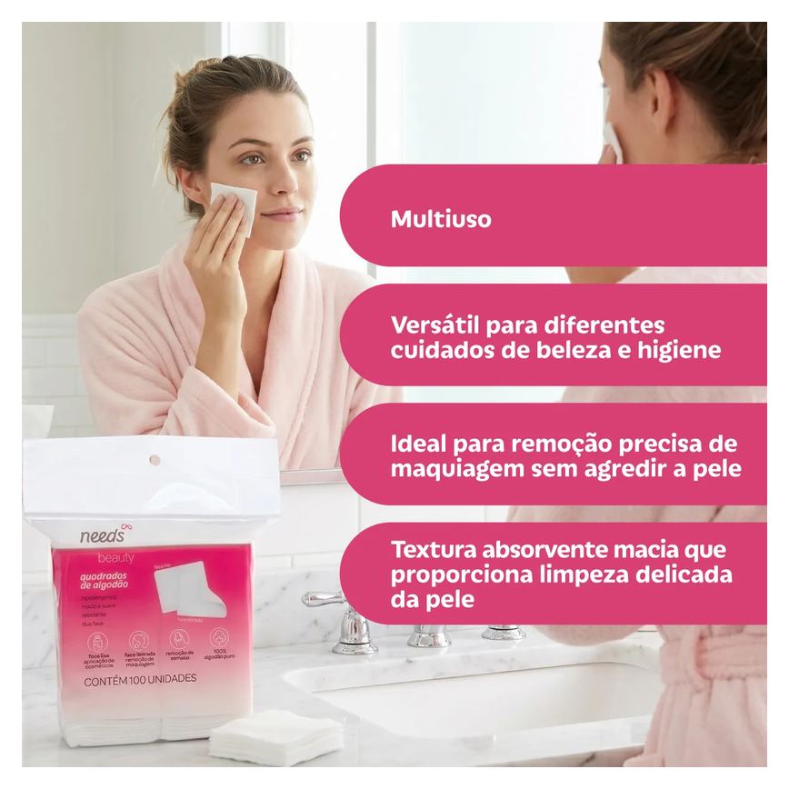 Algodão Quadrado Needs Beauty 100 Unidades