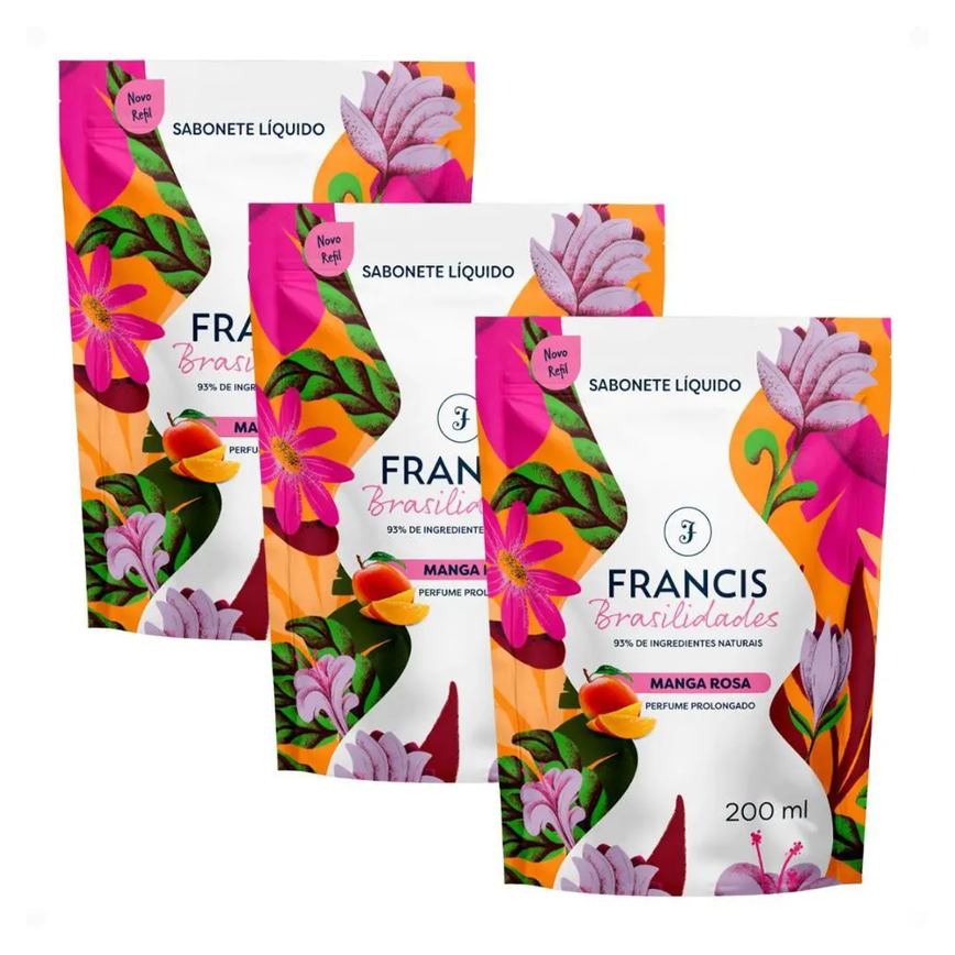 Kit Francis Refil Sabonete Líquido Corpo e Mãos Manga Rosa 200Ml com 3
