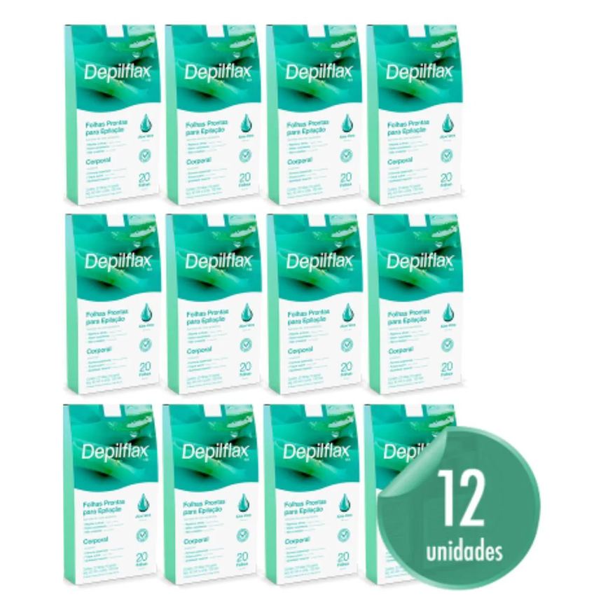 Kit 12 Folhas Prontas Corporais Depilação Cera Depilflax Aloe Vera 240Un