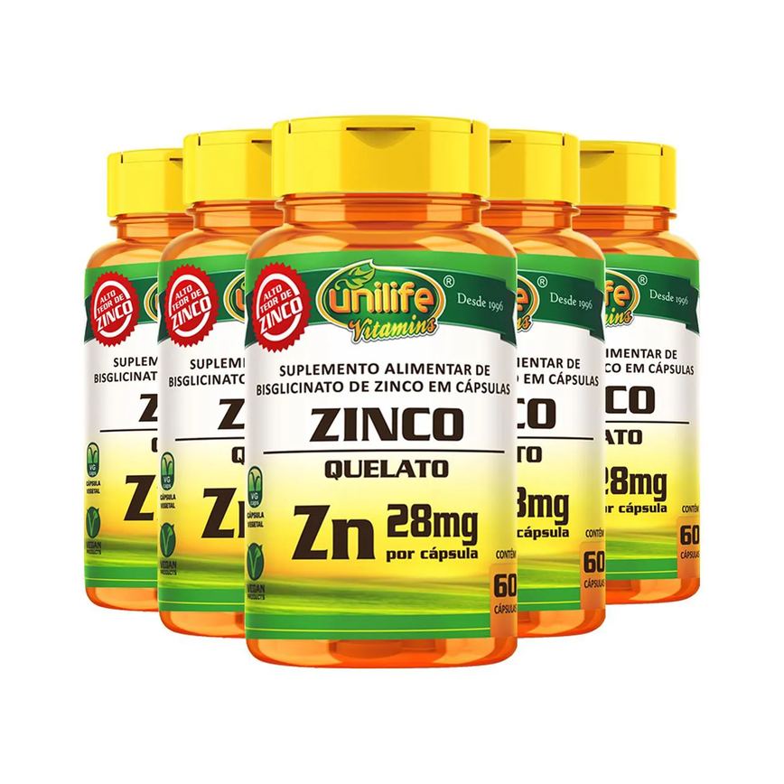 Kit 5 Zinco Quelato 28Mg 60 Cápsulas Unilife
