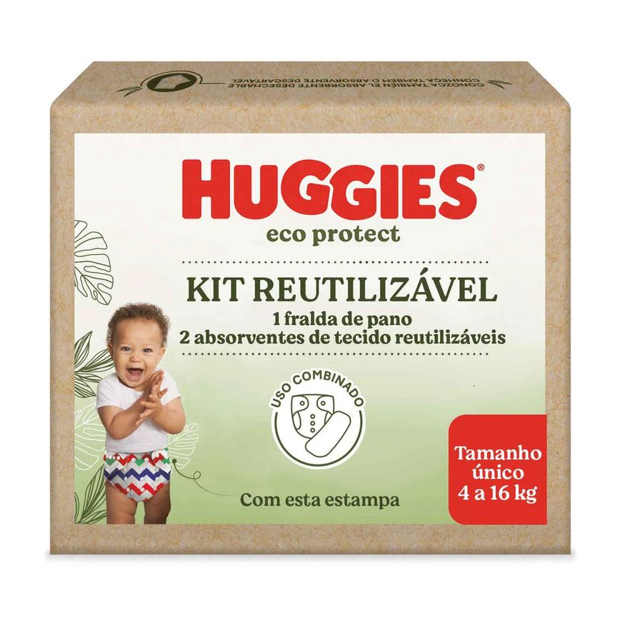 Kit Fralda Ecológica Huggies Eco Protect Reutilizável Tamanho Único Listrada 1 unidade + Absorvente de Tecido Reutilizável 2 unidades