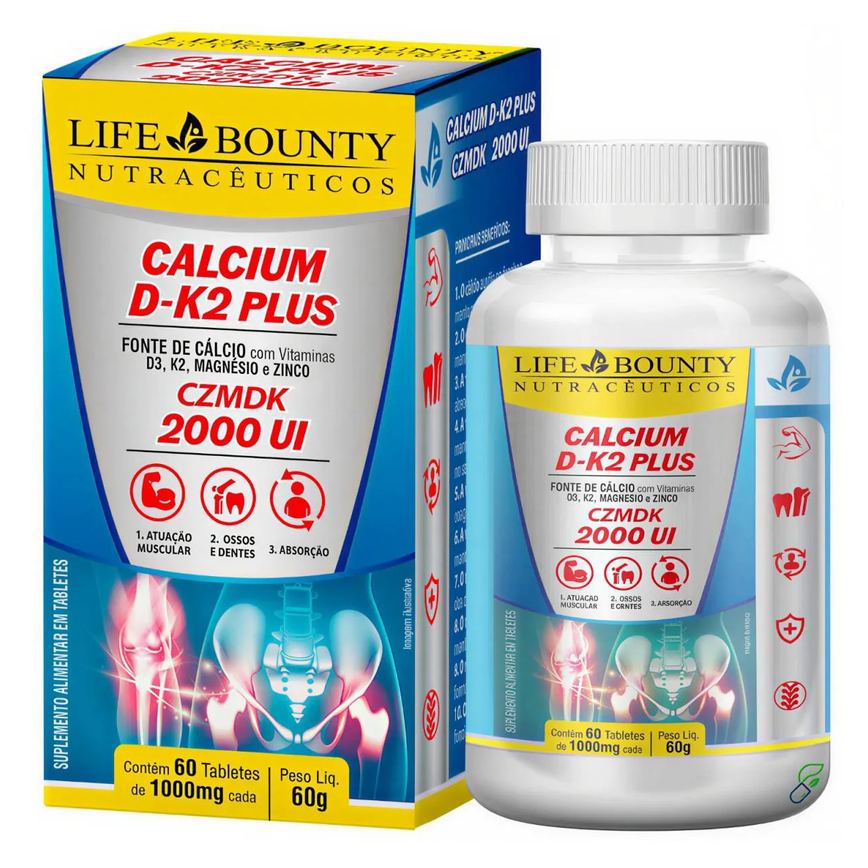Calcium D-k2 Plus Czmdk - Cálcio + Magnésio + Zinco + Vitamina D3 + Vitaminas K2 60 Tabletes - Life Bounty