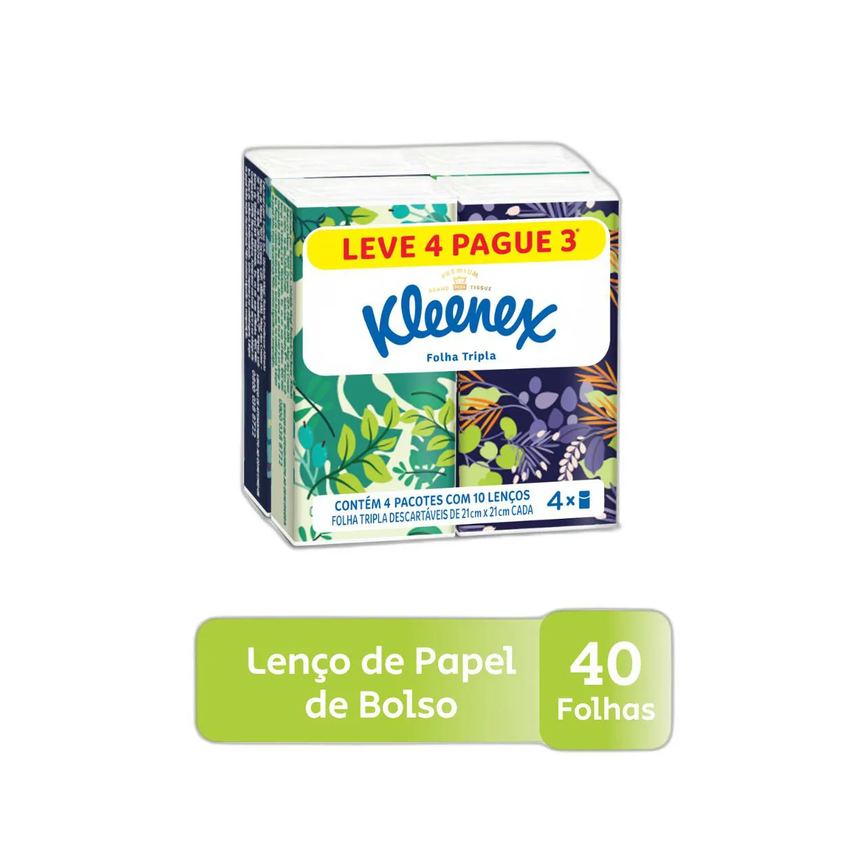 Kit Lenços de Papel de Bolso Kleenex Dia a Dia Folha Tripla com 4 pacotes de 10 folhas cada
