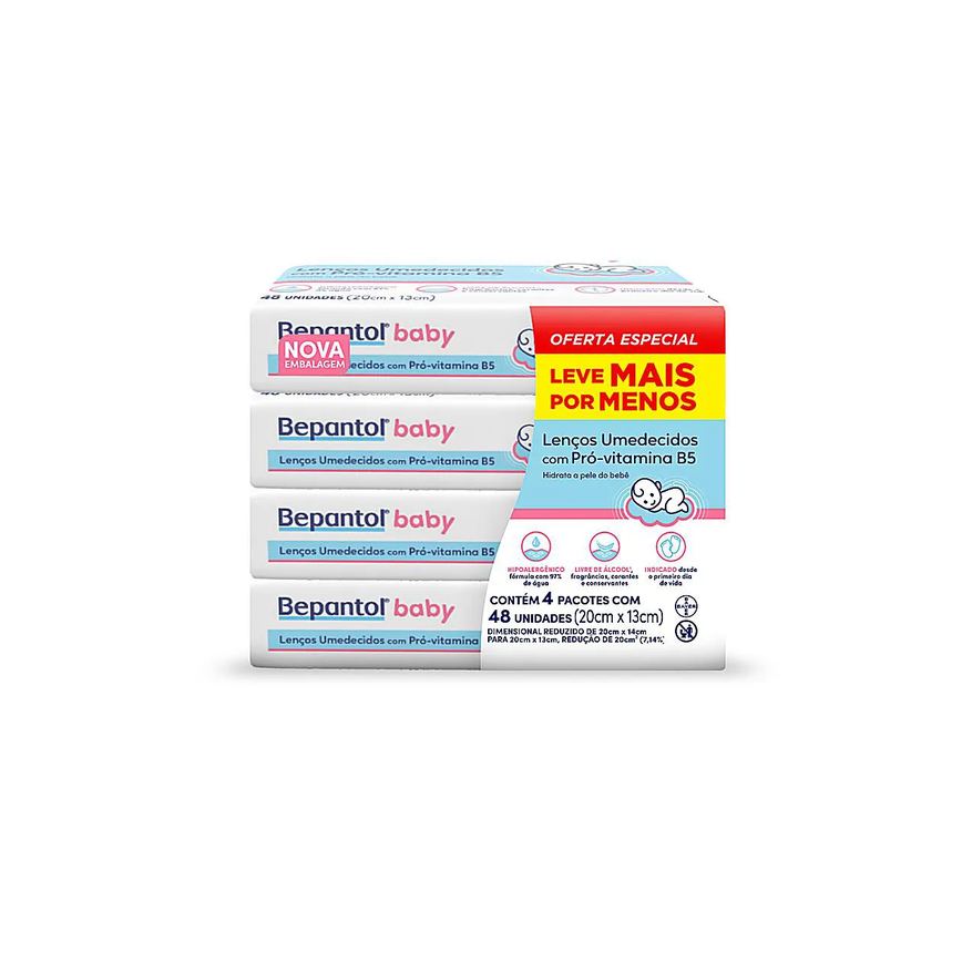 Kit Lenço Umedecido Bepantol Baby Hipoalergênico com Pró Vitamina B5 Sem Fragrância 48 unidades 4 pacotes