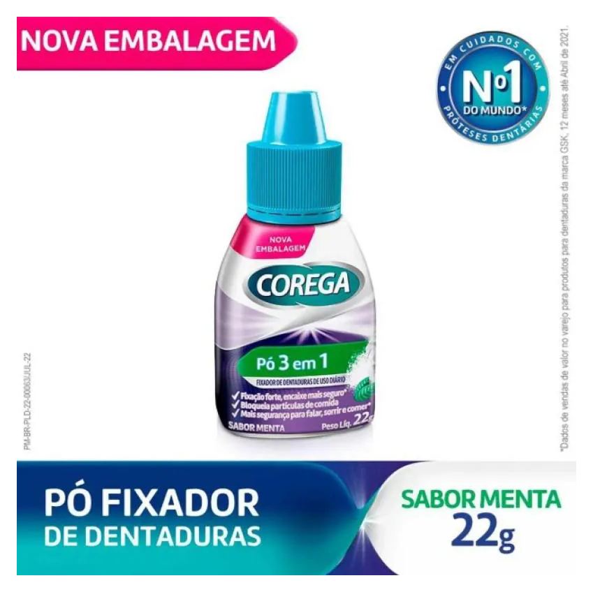 Corega Pó Fixador de Dentadura 3 em 1 Menta 22g