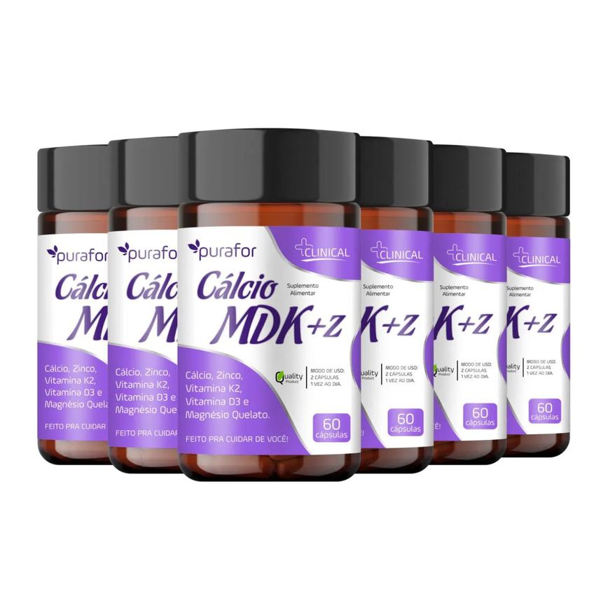 Kit 6x Cálcio Mdk com Zinco e Magnésio Quelato 60 Cáps Purafor