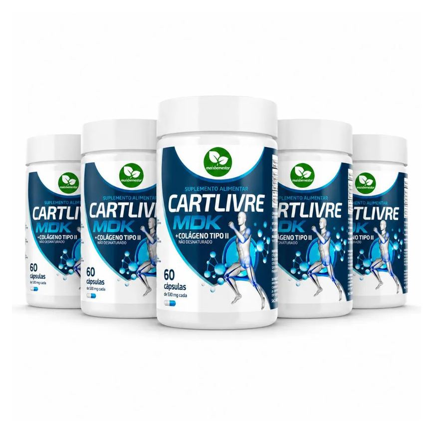 Kit 5 CartLivre Ultra MDK 300 Cápsulas Colágeno Tipo II + Magnésio + Vitaminas D3 K2 Mais Bem Estar