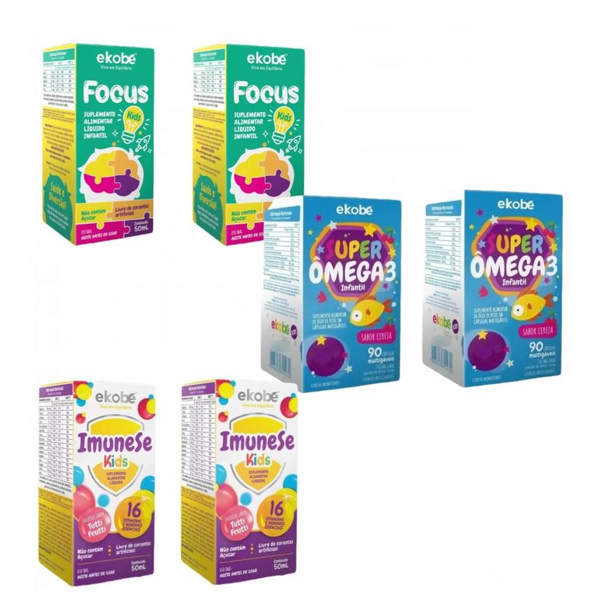 2x Focus Kids + 2x Super Ômega 3 Kids + 2x Imunese Kids