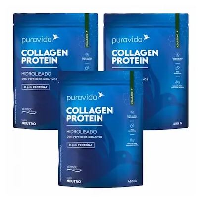 Kit 3 Collagen Protein Hidrolisado – Verisol – Puravida – Neutro – 450G