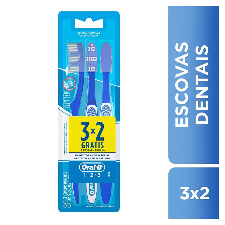 Escova de Dente Oral-B 123 Limpeza Brilhante Média 3 unidades