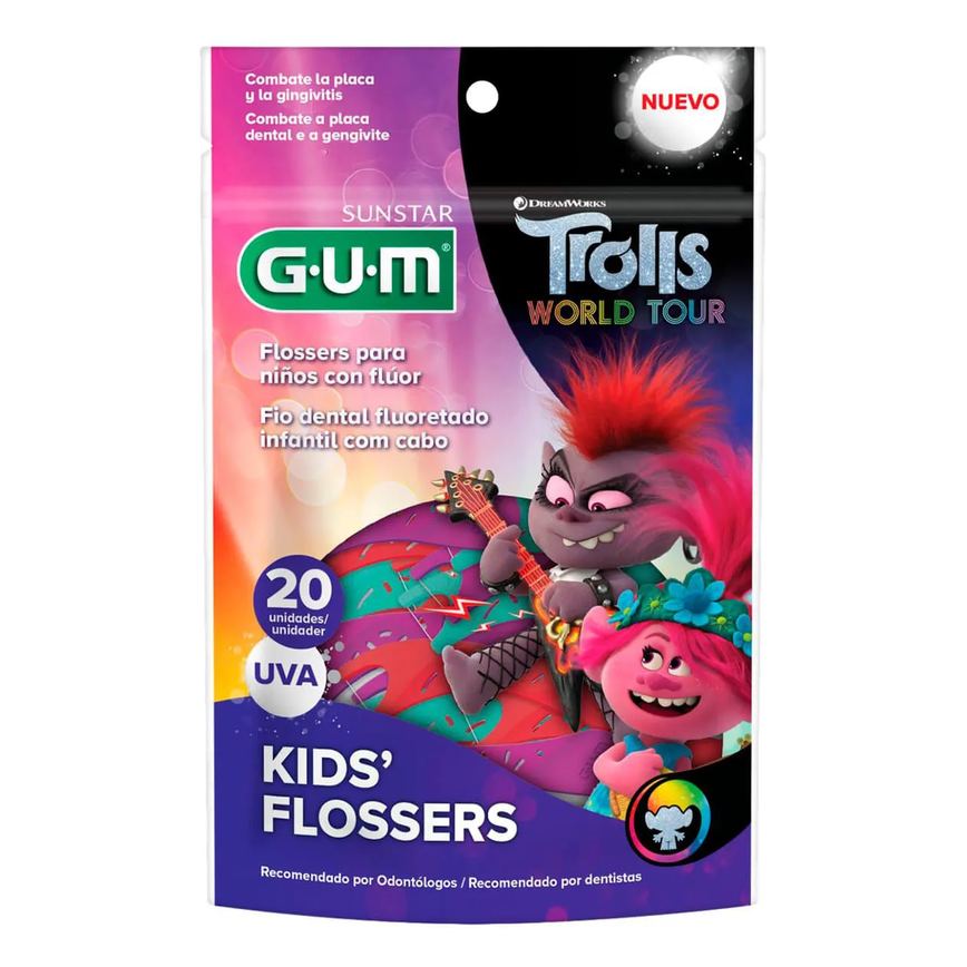 Flosser Infantil para Limpeza dos Dentes G.U.M Trolls Sabor Uva com 20 unidades