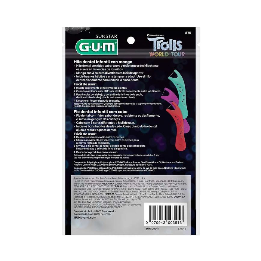 Flosser Infantil para Limpeza dos Dentes G.U.M Trolls Sabor Uva com 20 unidades