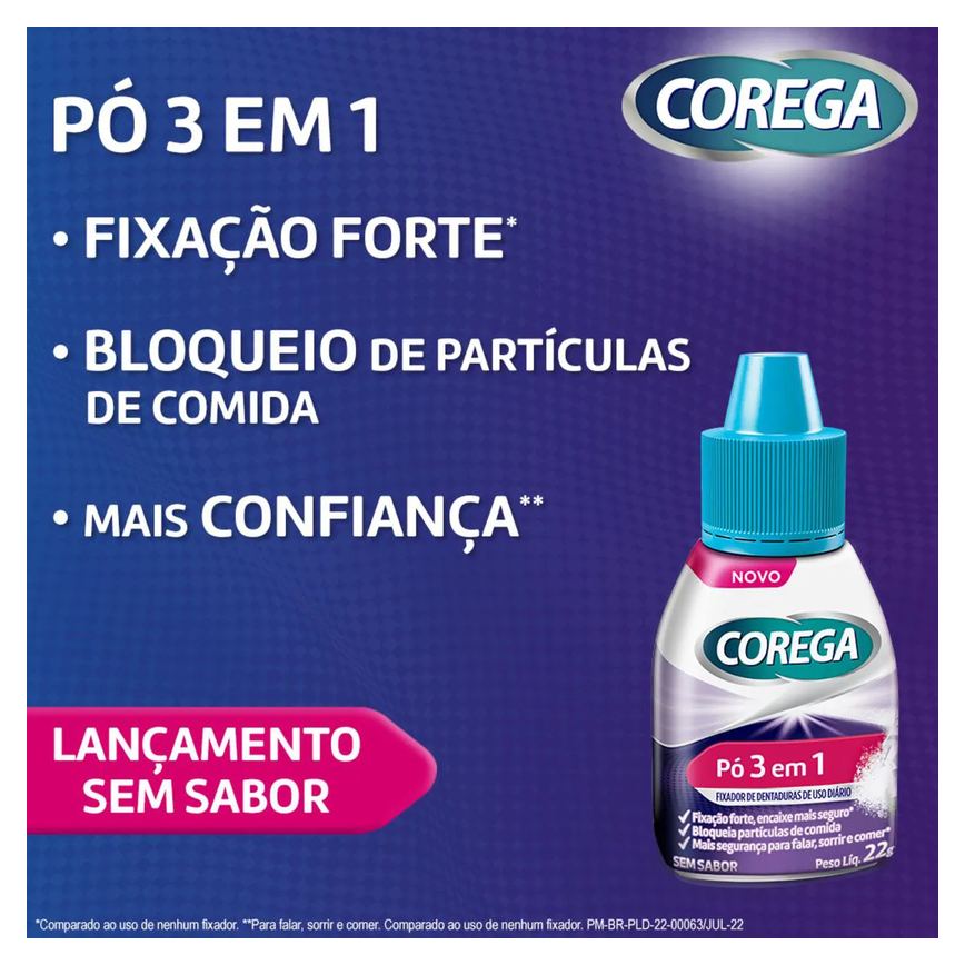 Pó Fixador de Dentaduras Corega 3 em 1 Sem Sabor 22g