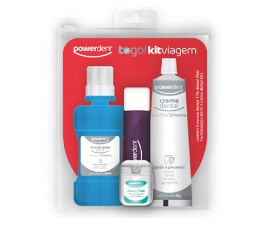 Kit Viagem Powerdent Pasta de Dente Anticáries 50g + Enxaguante Bucal sem Álcool 60ml + Escova Portátil Adulto + Fio Dental Encerado 25m