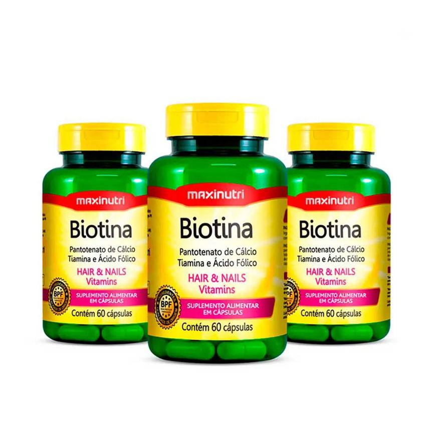 Kit Biotina Maxnutri Vitamina + Ácido Fólico Cabelos e Unhas 60 cápsulas 3 unidades