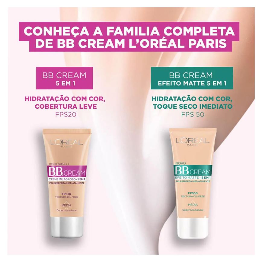 Base BB Cream L'Oréal Paris Efeito Matte 5 em 1 Cor Média FPS 50 Cobertura Leve com Proteção Solar 30ml