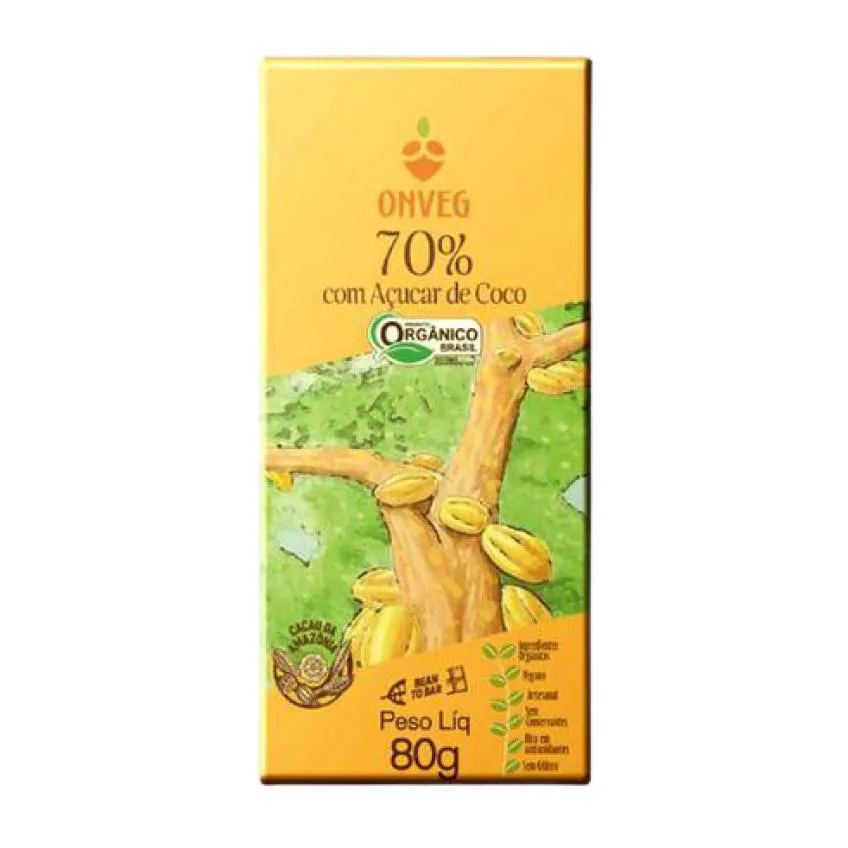 Chocolate 70% Cacau com Açúcar de Coco Orgânico Onveg 80g