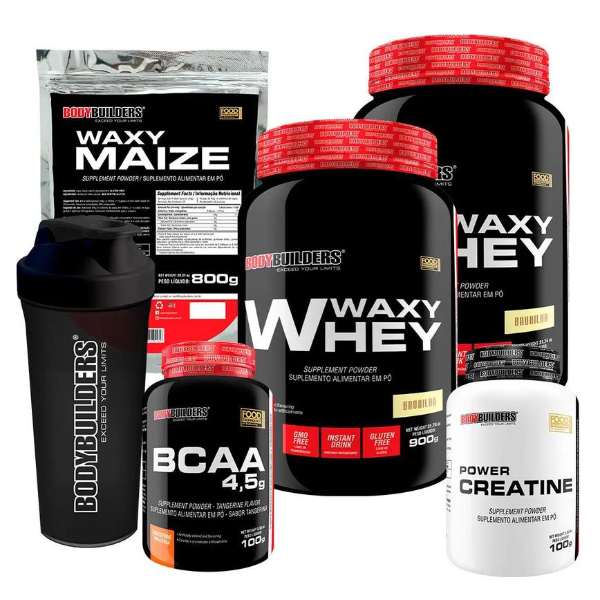 Kit 2x Whey Protein Waxy Whey 900g + Bcaa 4.5 100g + Power Creatina 100g + Waxy Maize 800g + Coque. Baunilha e Chocolate