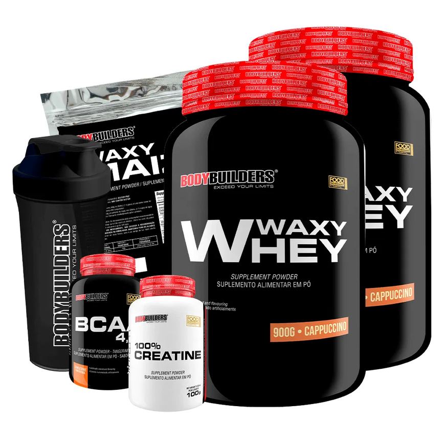 Kit 2x Whey Protein Waxy Whey 900g + Bcaa 4.5 100g + Power Creatina 100g + Waxy Maize 800g + Coque. Cappuccino